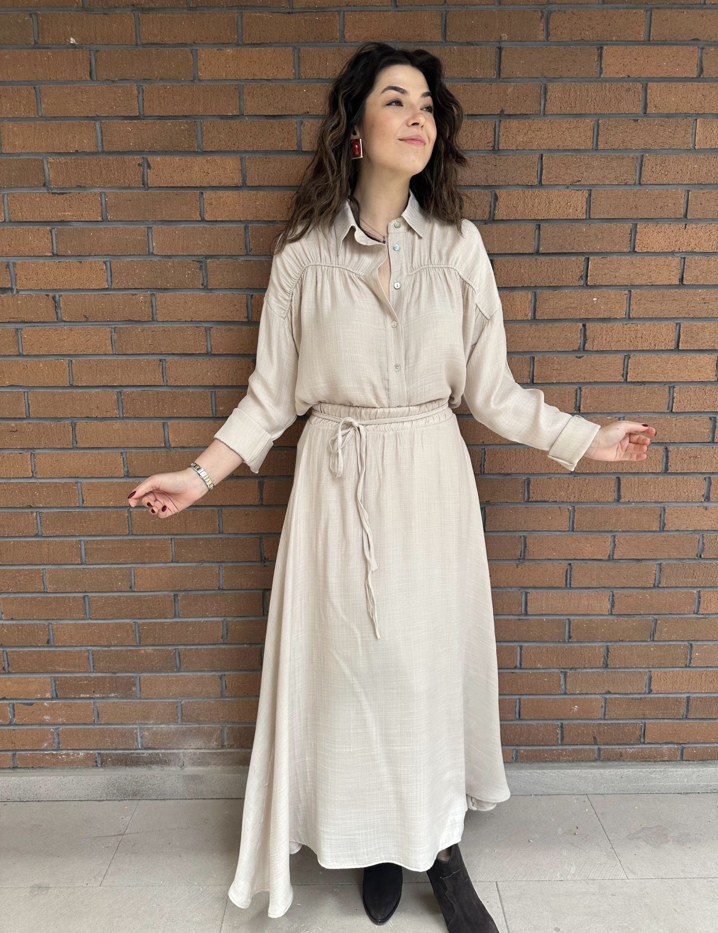 Linda Etek Gömlek Taş Rengi Takım