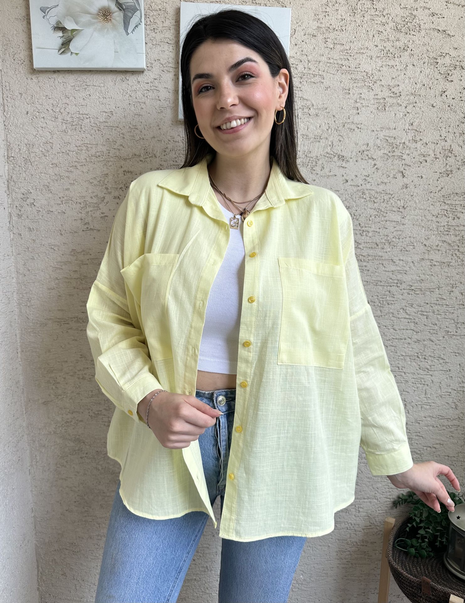 Lime Büyük Cepli  Keten Gömlek