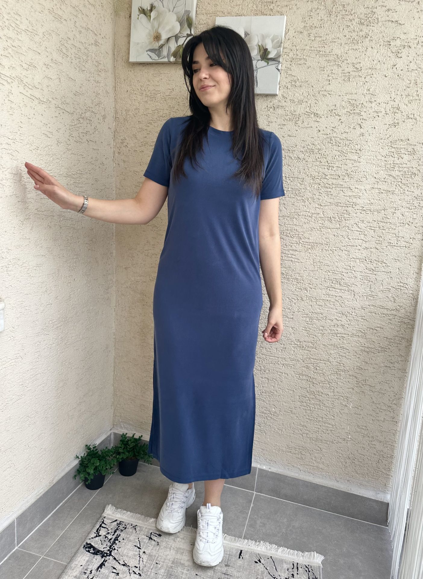Yıkamalı Modal Kısa Kollu Lacivert Elbise