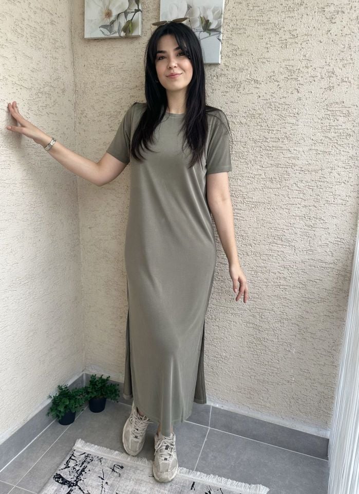 Yıkamalı Modal Kısa Kollu Elbise Haki Yeşili
