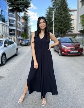 V Yaka Geniş Kesim Lacivert Uzun Elbise