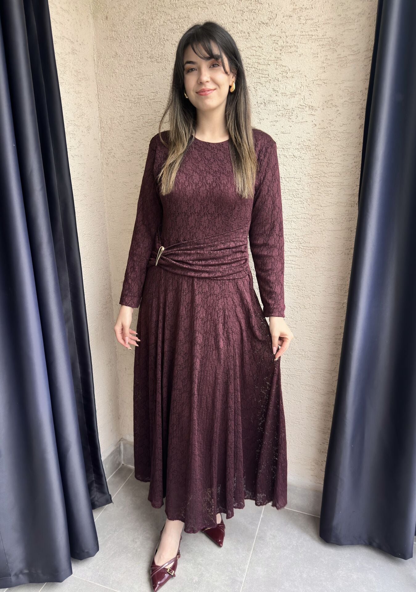 Bordo Dantelli Uzun Kollu Elbise