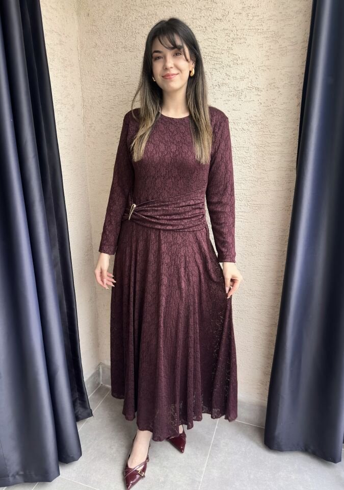 Bordo Dantelli Uzun Kollu Elbise