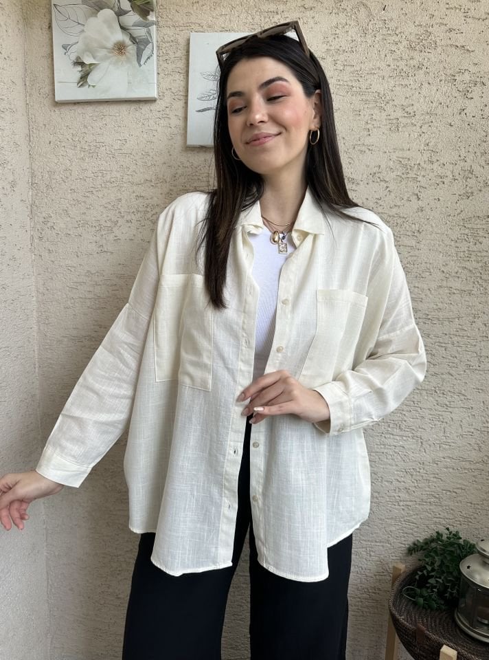 Ekru Büyük Cepli Keten Gömlek
