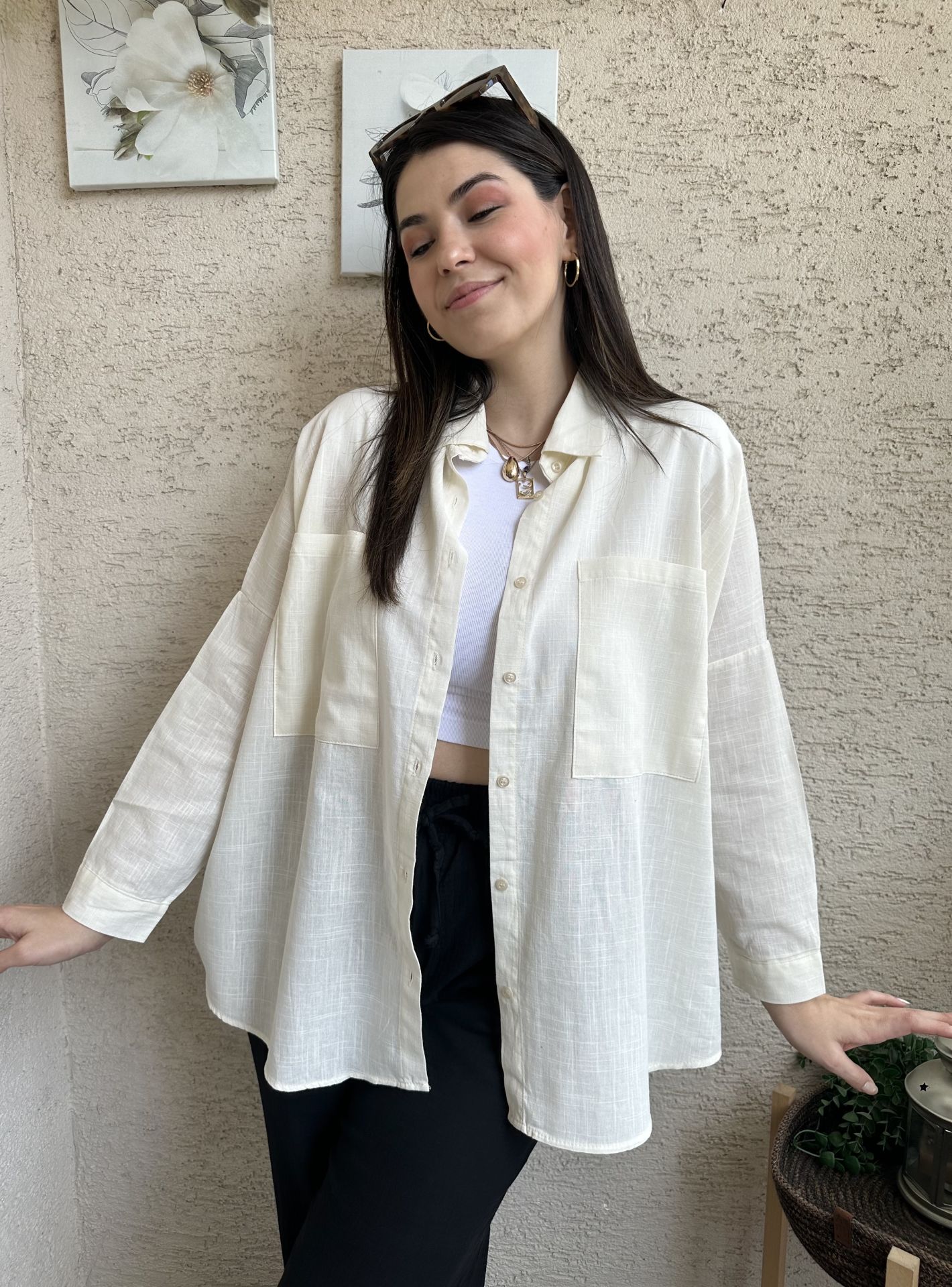 Ekru Büyük Cepli Keten Gömlek