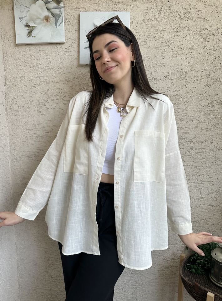 Ekru Büyük Cepli Keten Gömlek