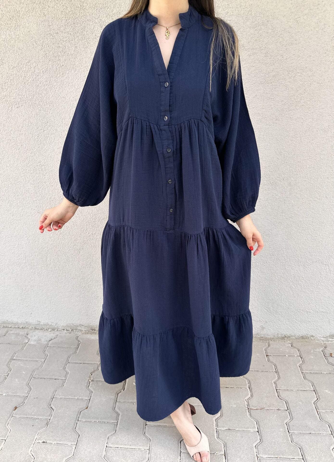 Chris Balon Kol Müslin Lacivert Elbise