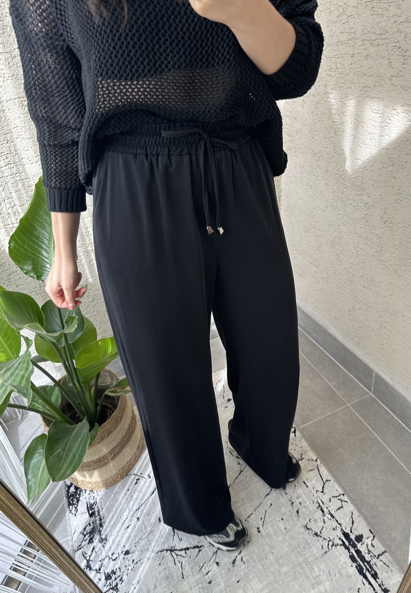 Siyah Beli Lastikli Tensel Pantolon