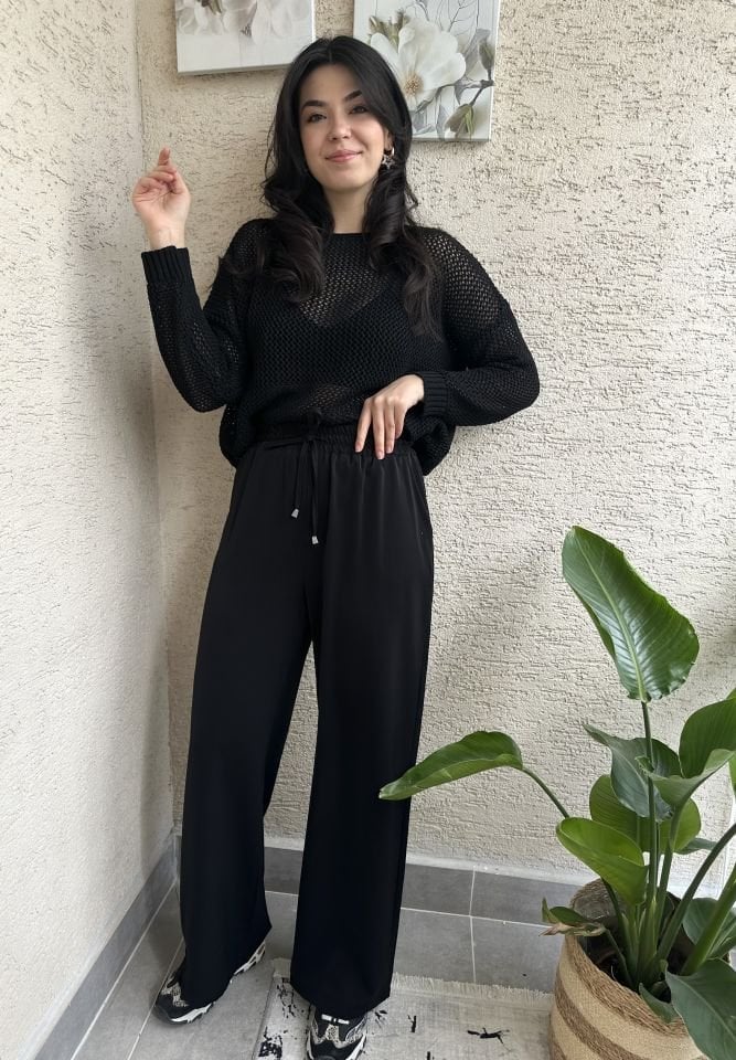 Siyah Beli Lastikli Tensel Pantolon