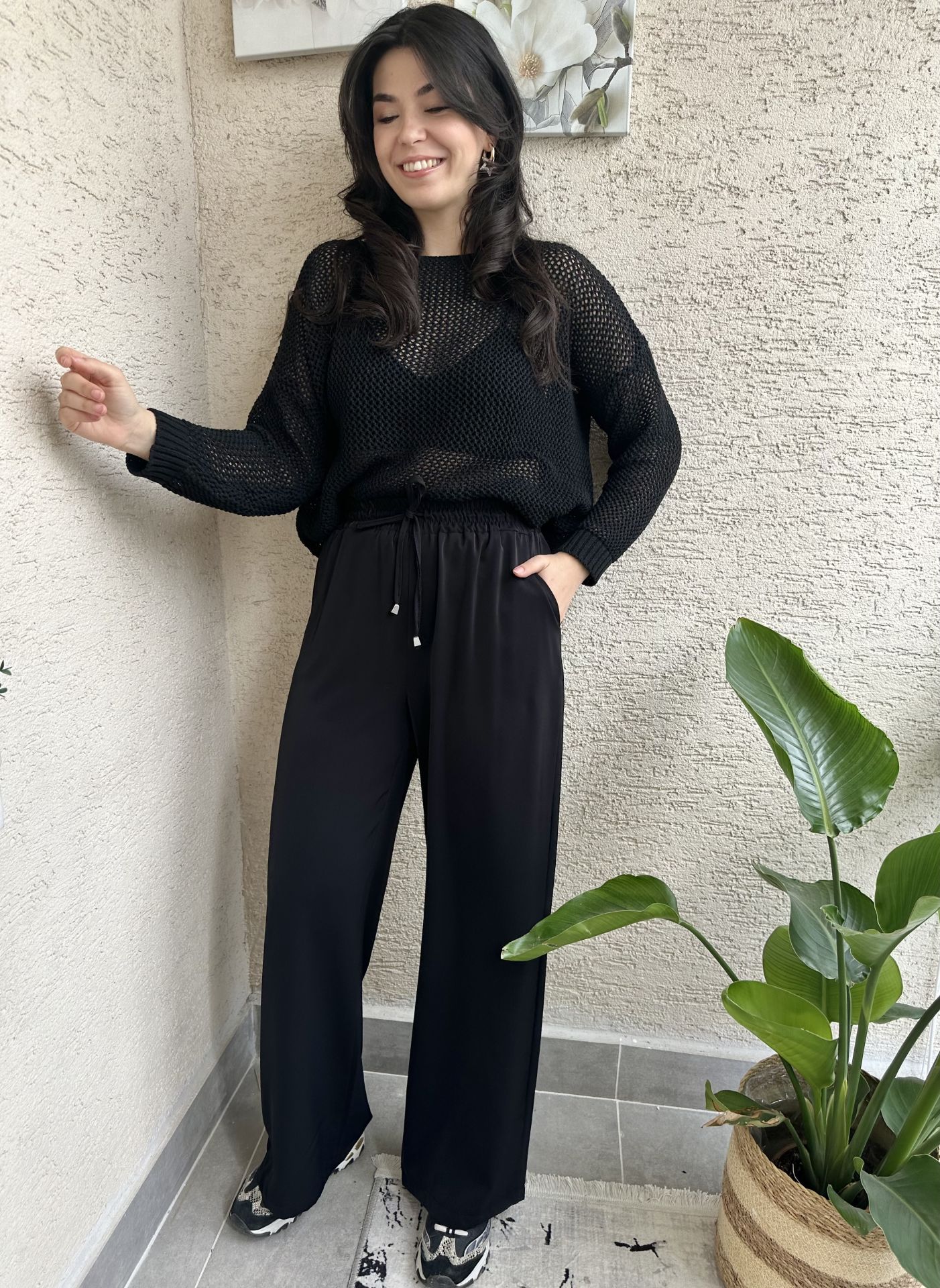 Siyah Beli Lastikli Tensel Pantolon