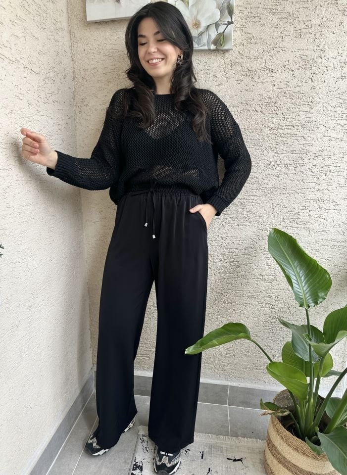 Siyah Beli Lastikli Tensel Pantolon