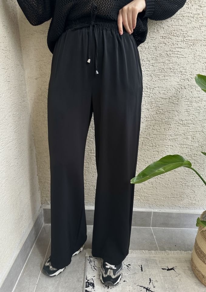 Siyah Beli Lastikli Tensel Pantolon