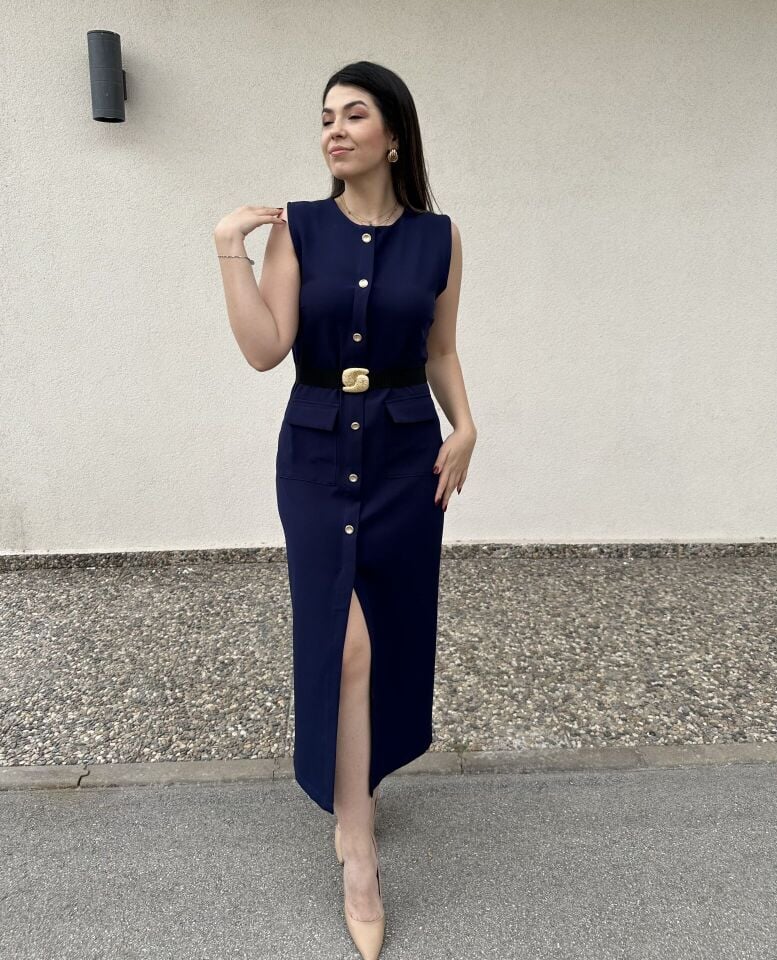 Alya Gold Aksesuarlı Lacivert Midi Elbise