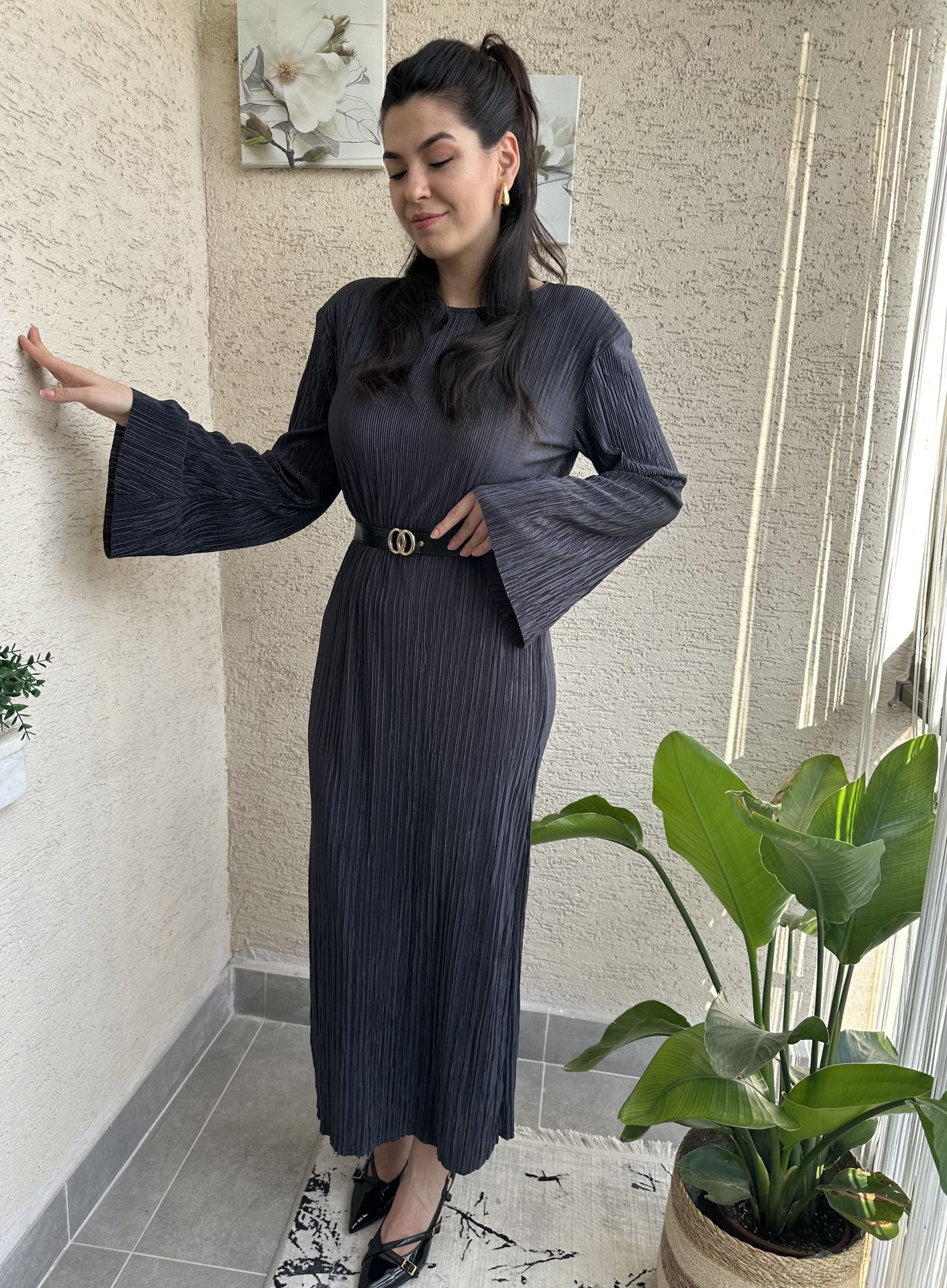 Piliseli Uzun Kollu Maksi Antrasit Elbise