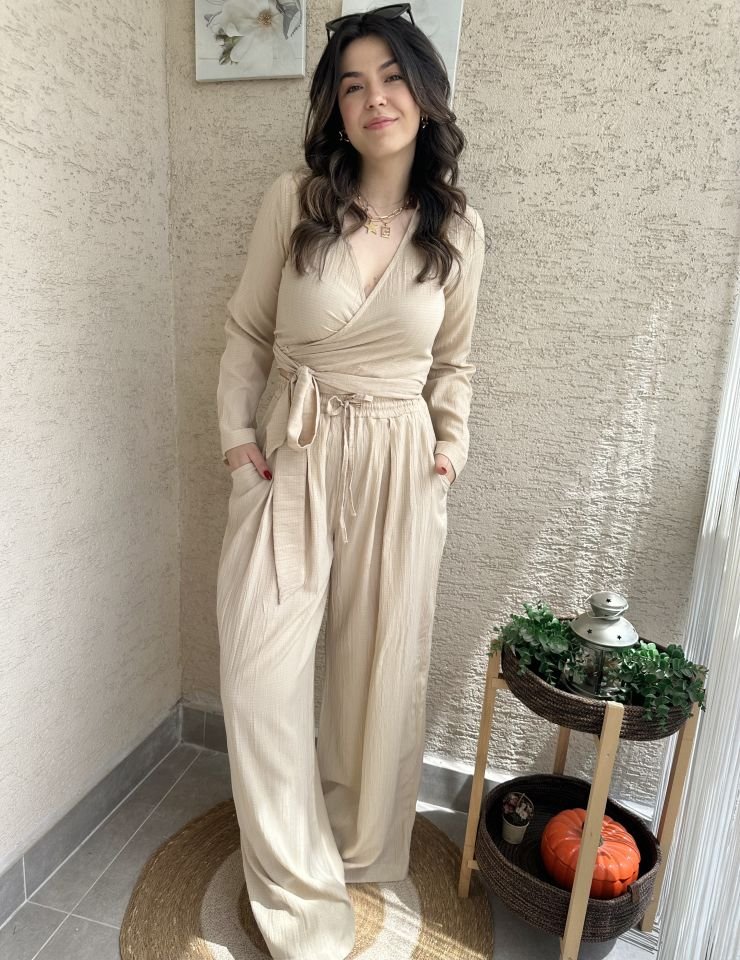 Bağlamalı Gofre Takım Bej