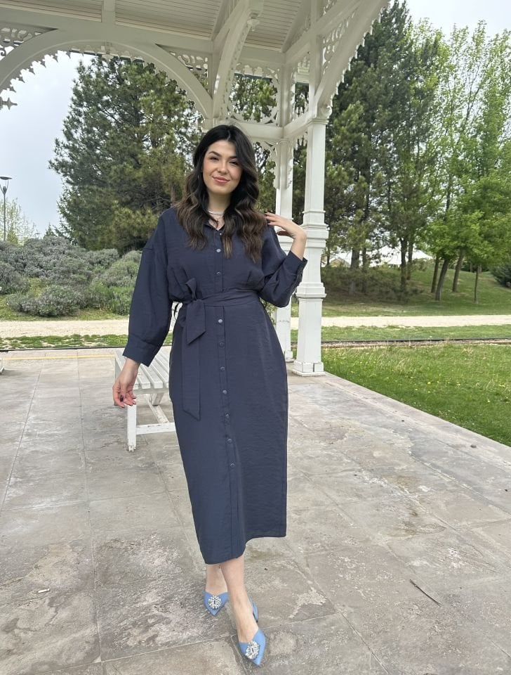 Lacivert Çıtçıtlı Uzun Kollu Tensel Elbise