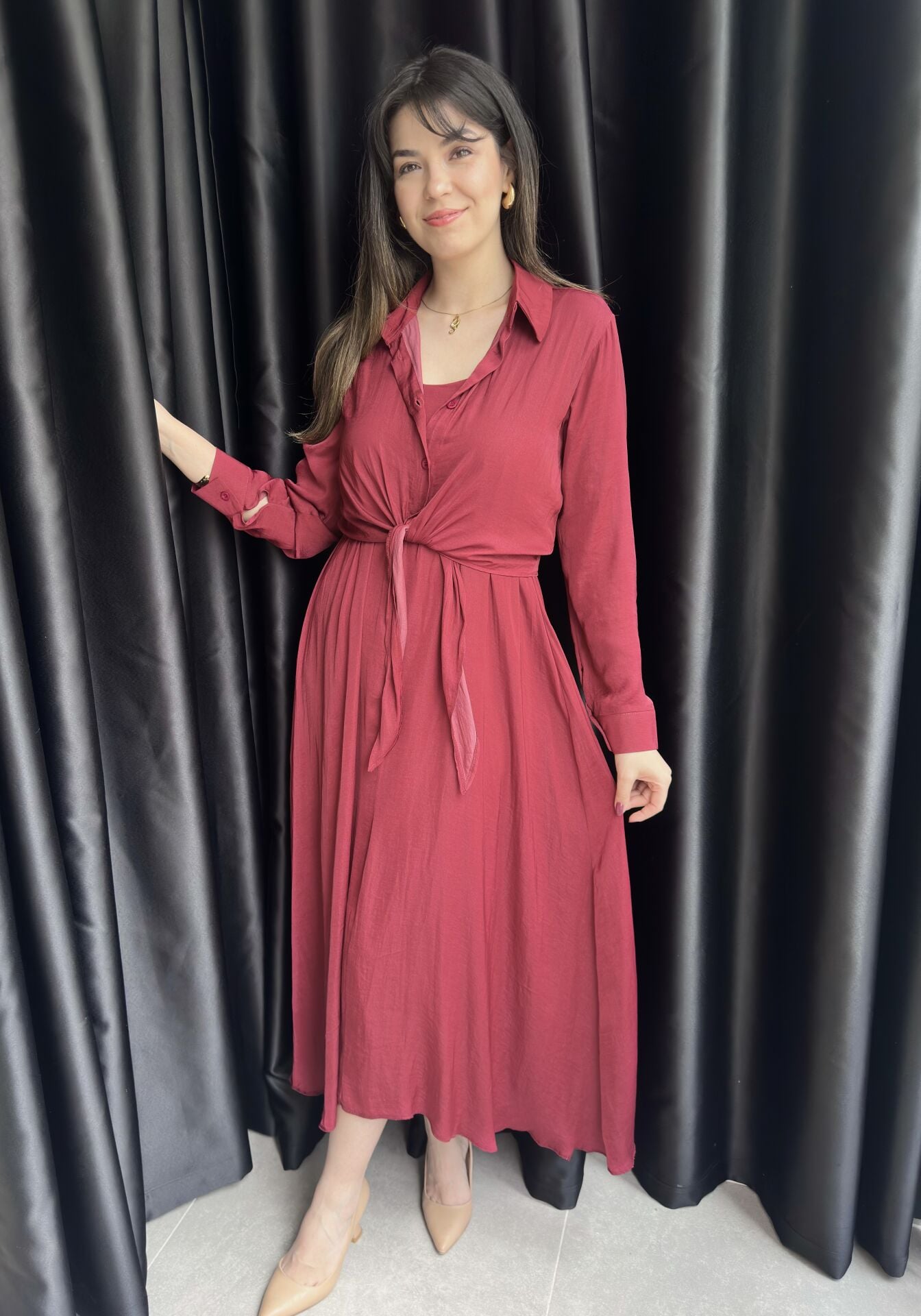 Bordo İpek Saten Gömlek Elbise Takım