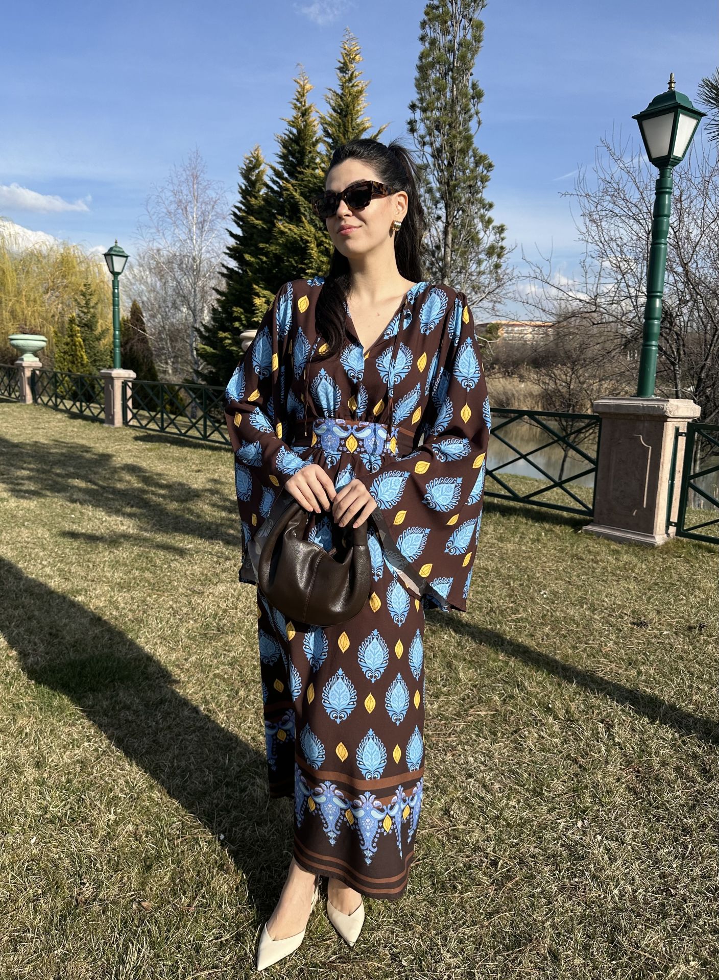 İspanyol Kol Desenli Maksi Elbise - Kahve