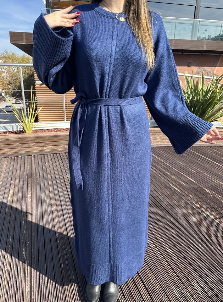 Bloom Lacivert Kuşaklı Triko Elbise