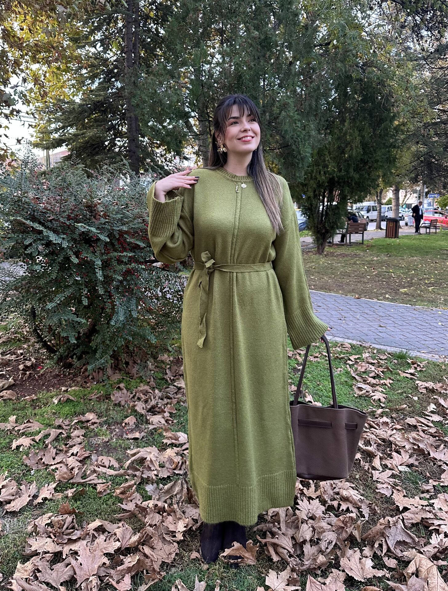 Bloom Olive Kuşaklı Triko Elbise