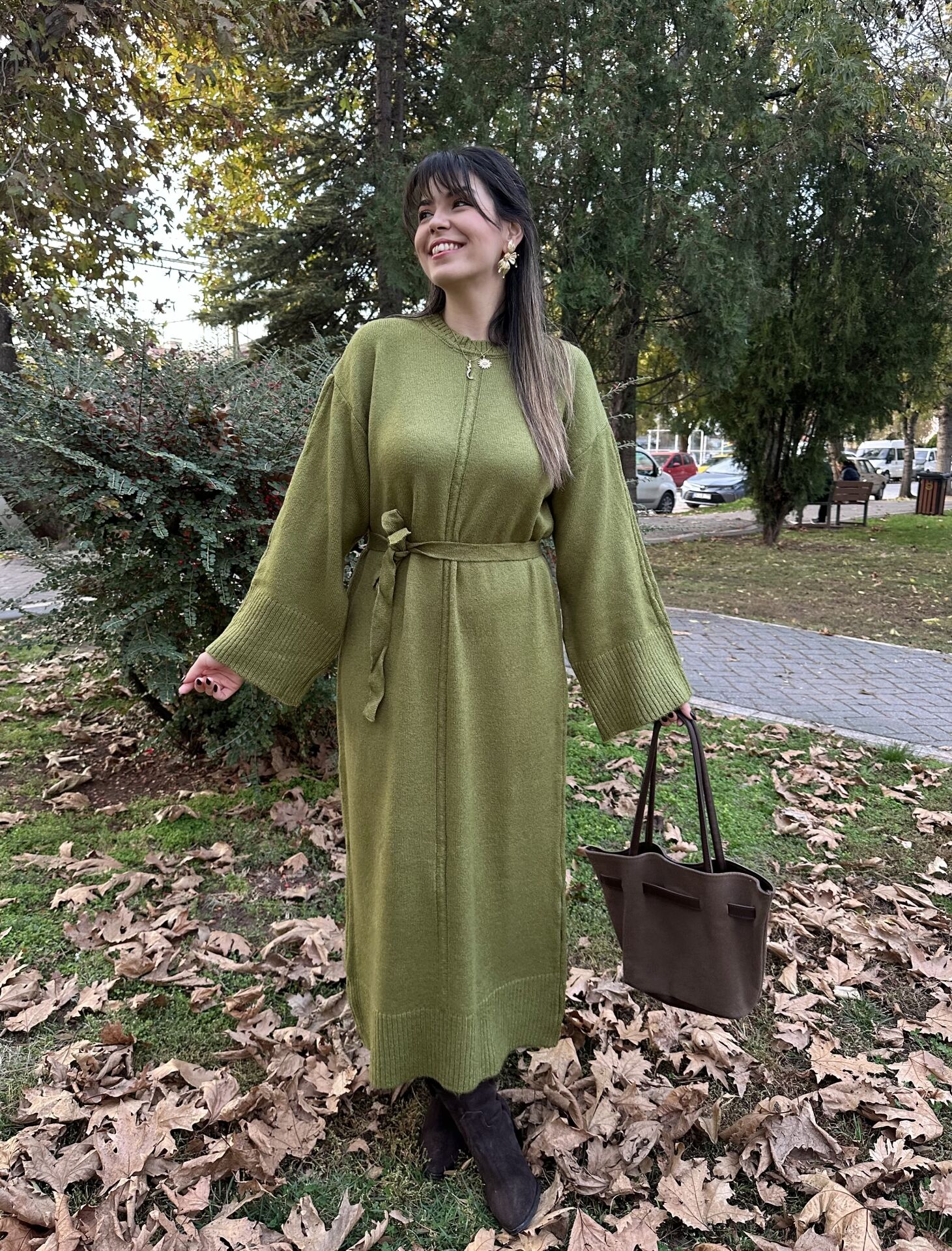 Bloom Olive Kuşaklı Triko Elbise