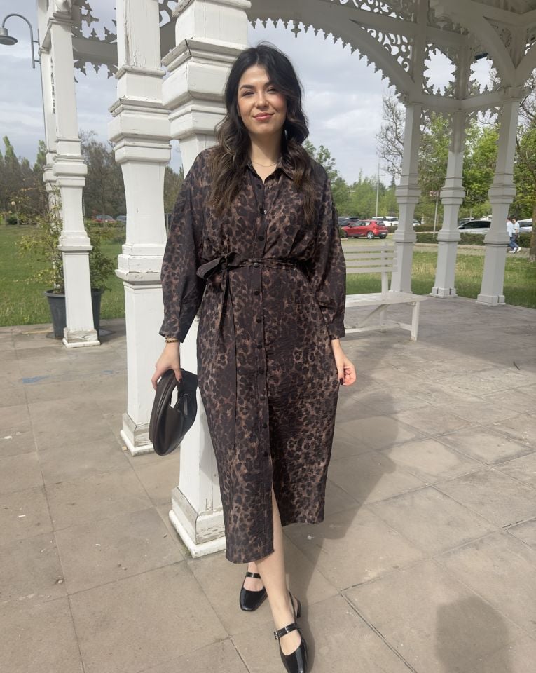 Çıtçıtlı Leopar Desen Uzun Kollu Tensel Elbise