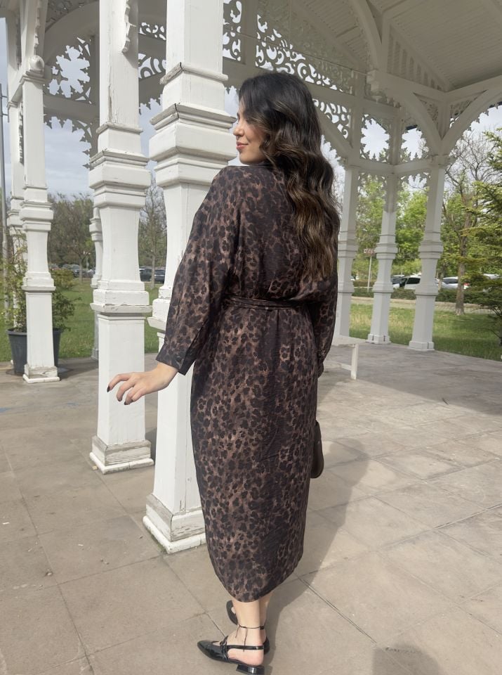 Çıtçıtlı Leopar Desen Uzun Kollu Tensel Elbise