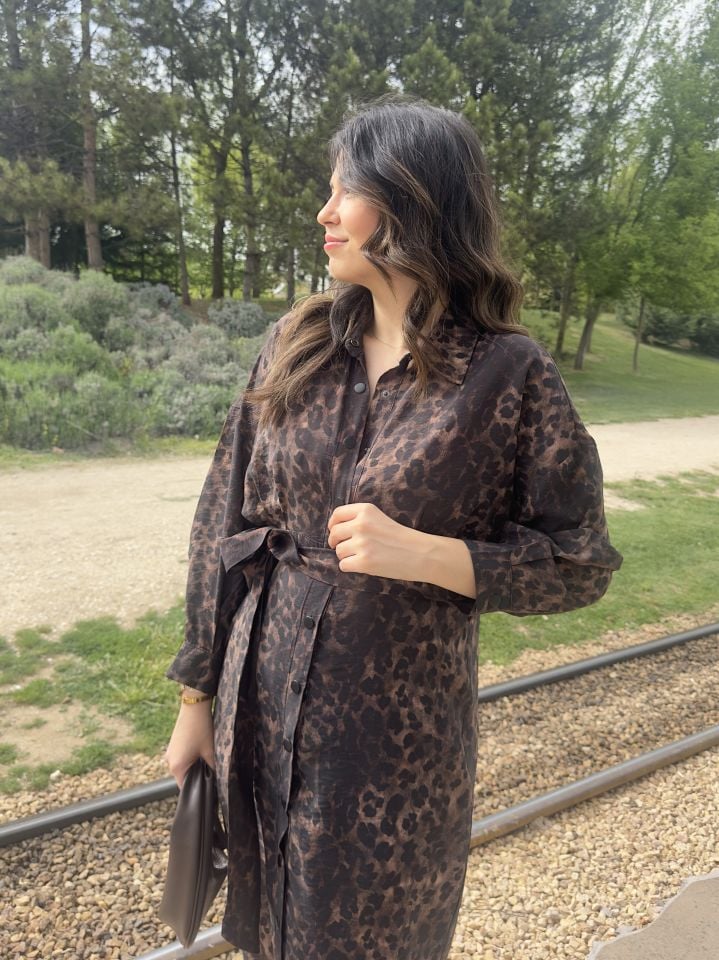 Çıtçıtlı Leopar Desen Uzun Kollu Tensel Elbise