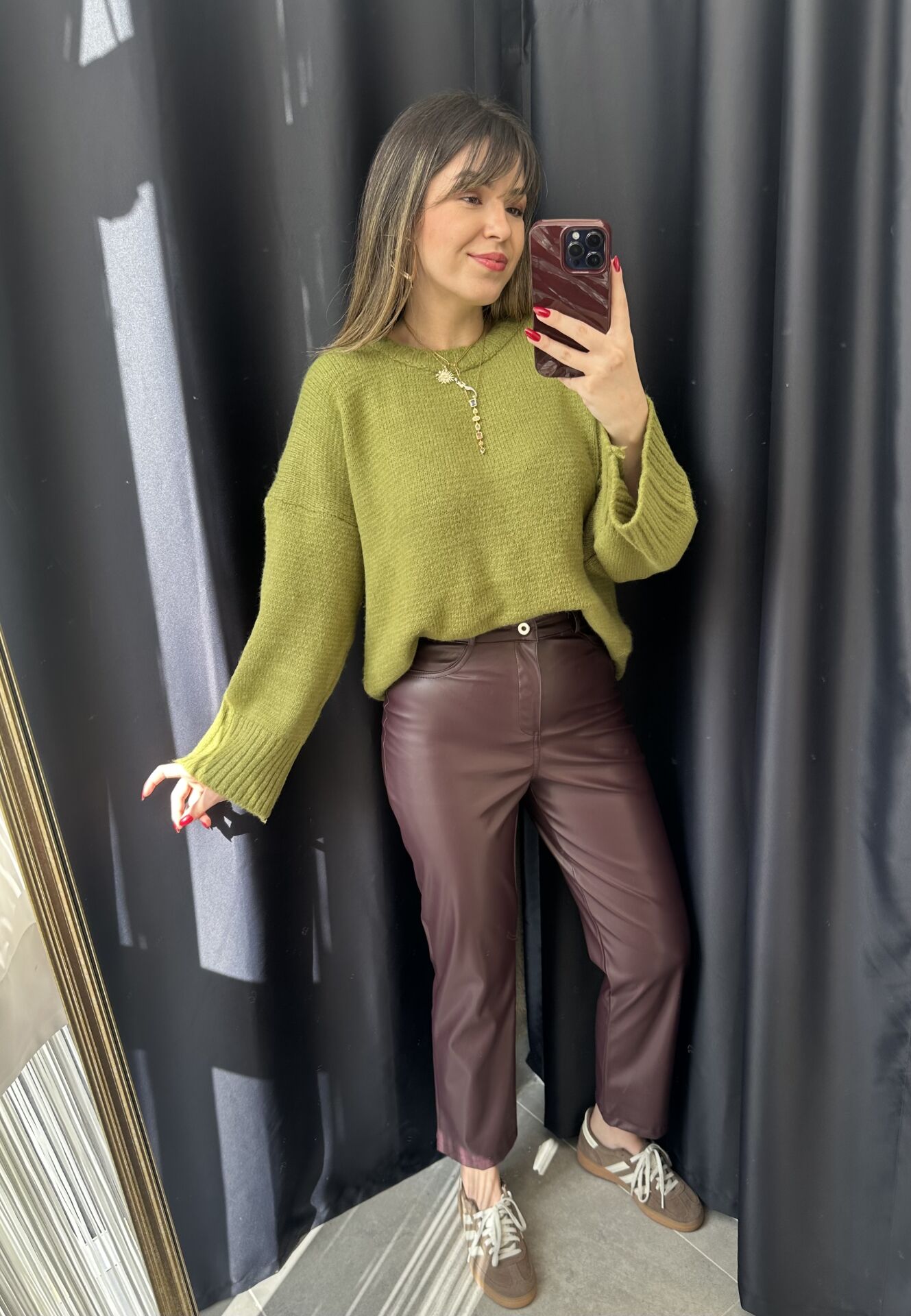 Bordo Boru Paça Deri Pantolon