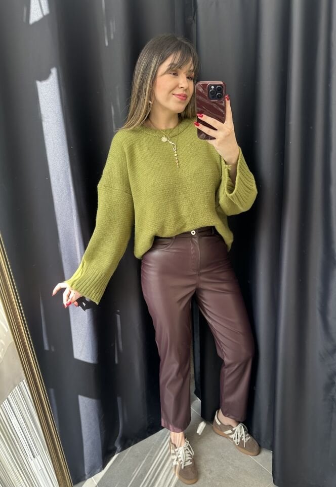 Bordo Boru Paça Deri Pantolon