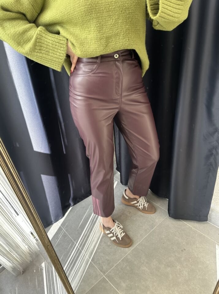 Bordo Boru Paça Deri Pantolon