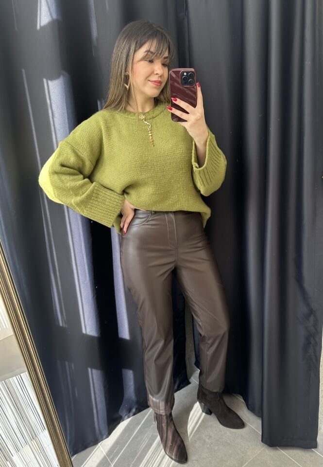 Acı Kahve Boru Paça Deri Pantolon