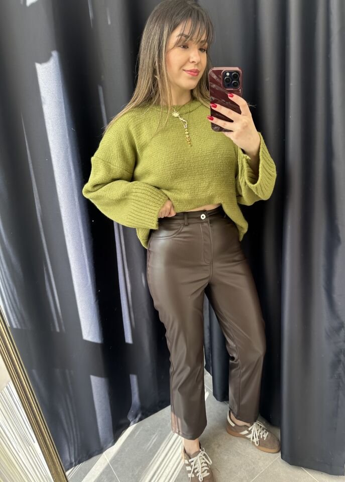 Acı Kahve Boru Paça Deri Pantolon