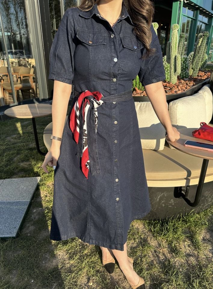 Kısa Kollu Belden Oturtmalı Kot Elbise