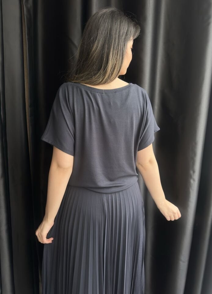 Lacivert Pileli Elbise Bluz Takım