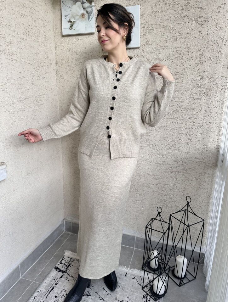 İva Hırka Etek Triko Takım Bej