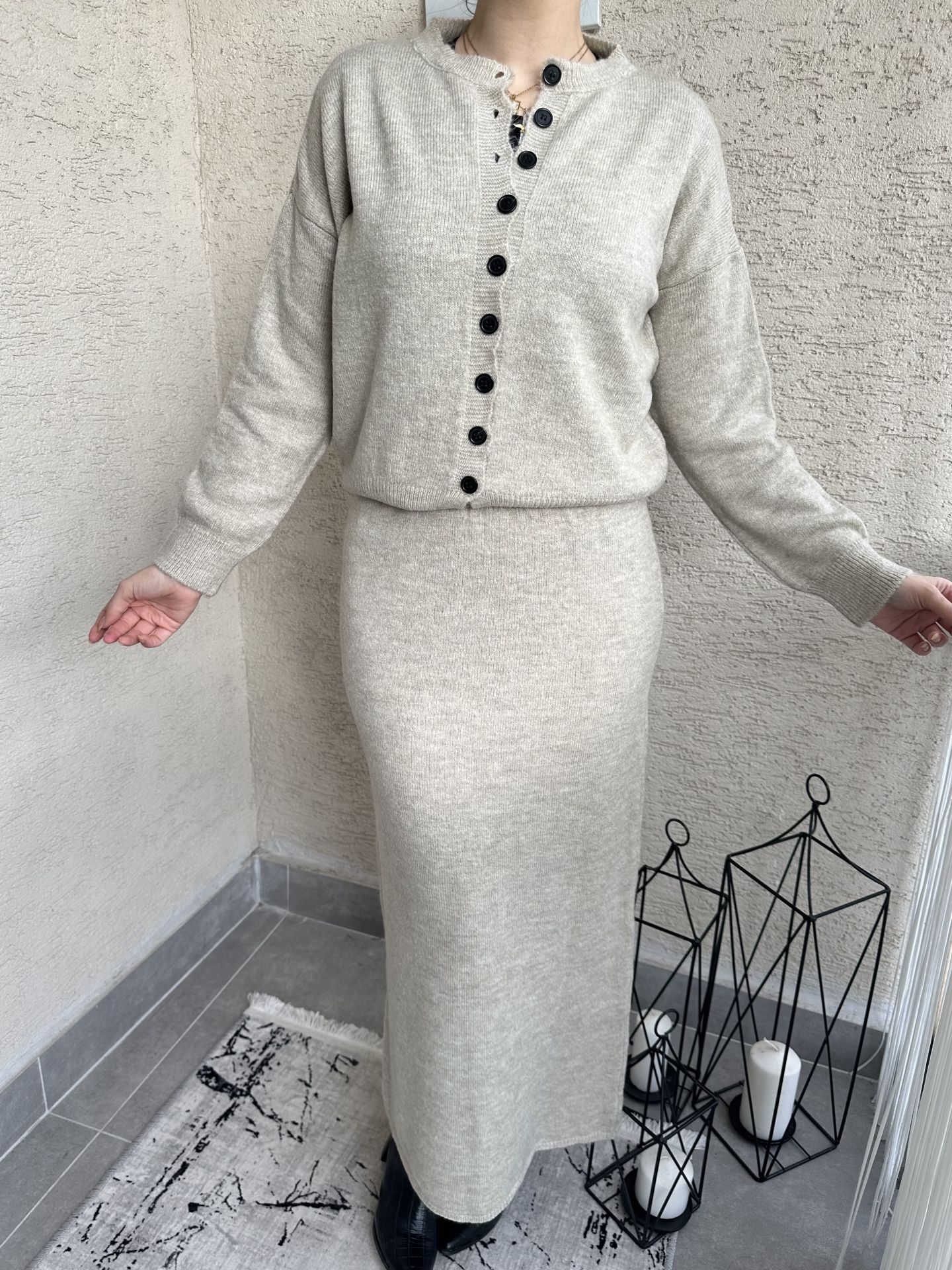 İva Hırka Etek Triko Takım Bej