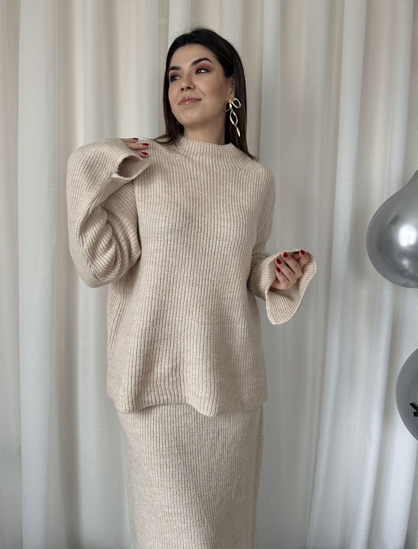 Kolu Yırtmaçlı Kazak Etek Triko Takım Taş Rengi