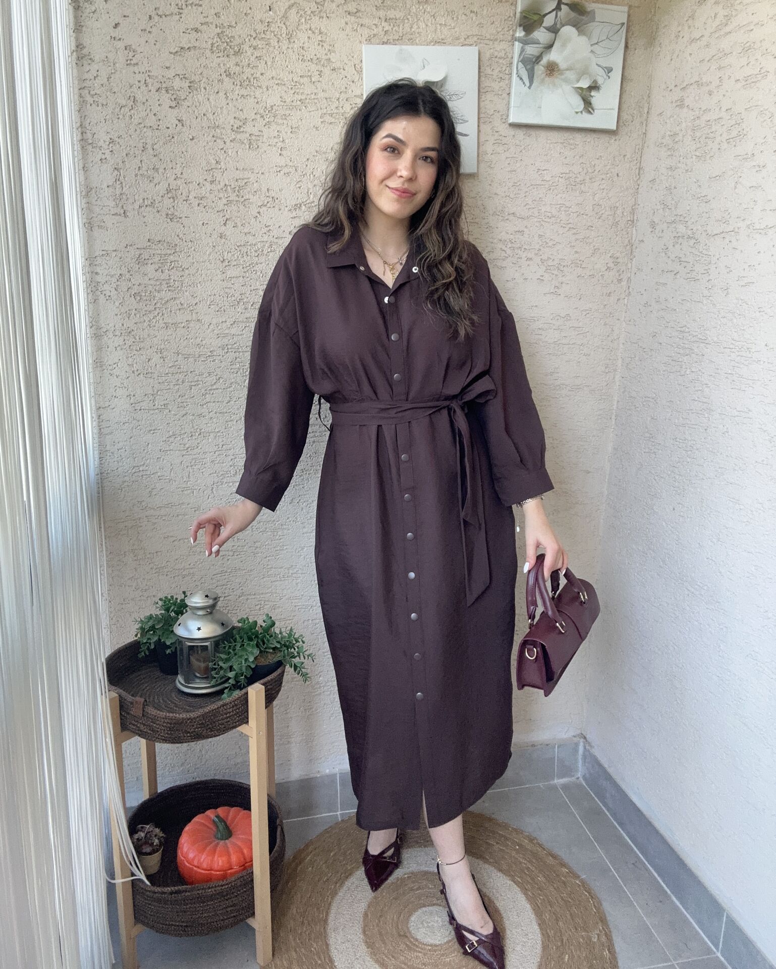 Çıtçıtlı Uzun Kollu Acı Kahve Elbise