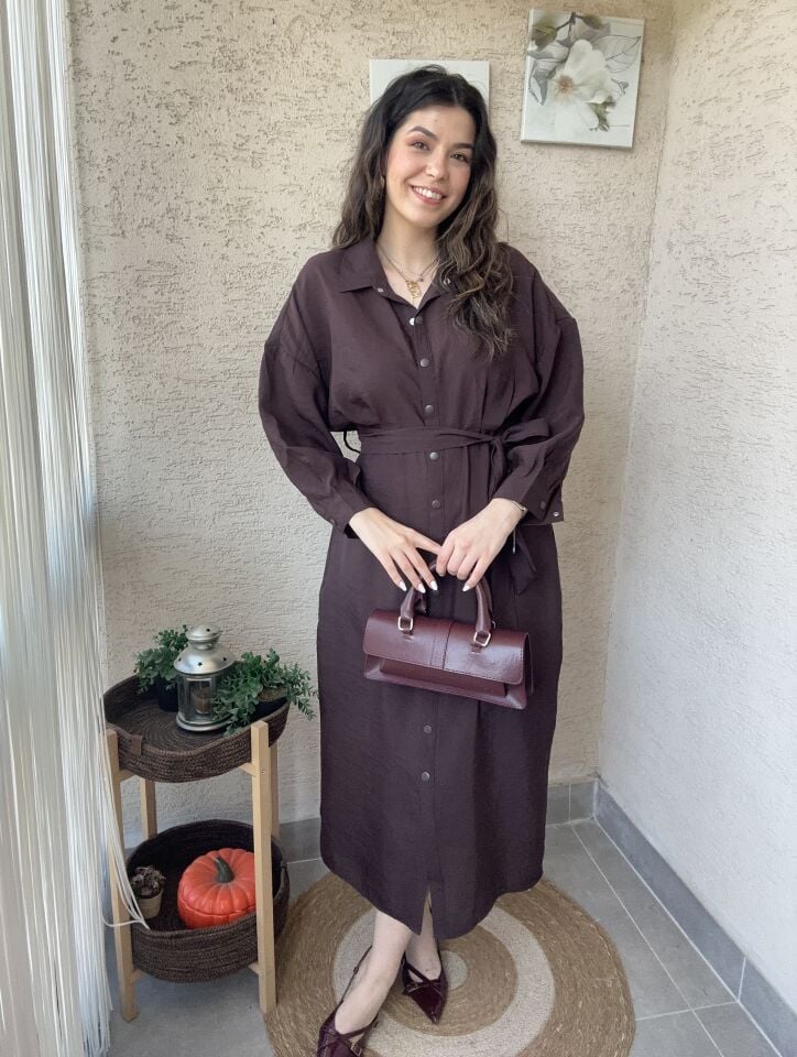 Çıtçıtlı Uzun Kollu Acı Kahve Elbise