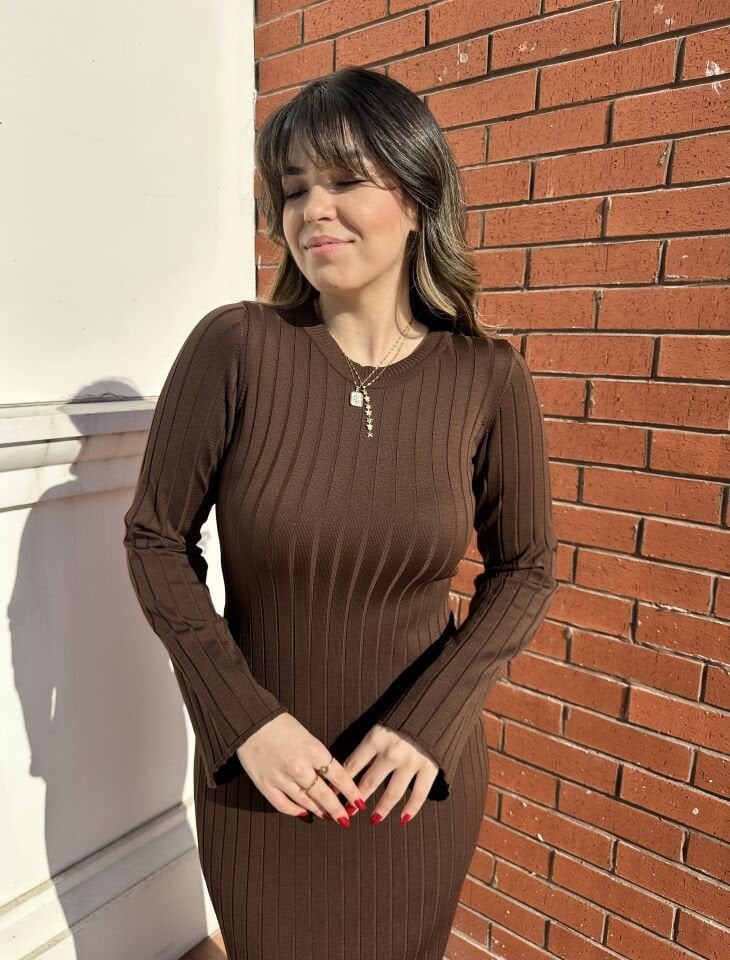 Fitilli Acı Kahve Triko Elbise