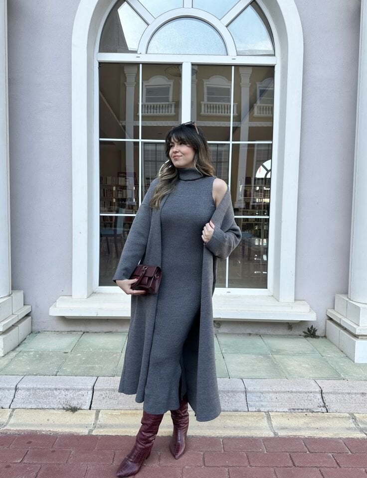 Antrasit Elbise-Hırka Triko Takım