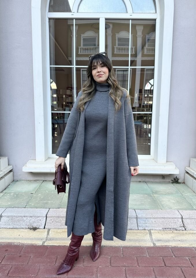 Antrasit Elbise-Hırka Triko Takım