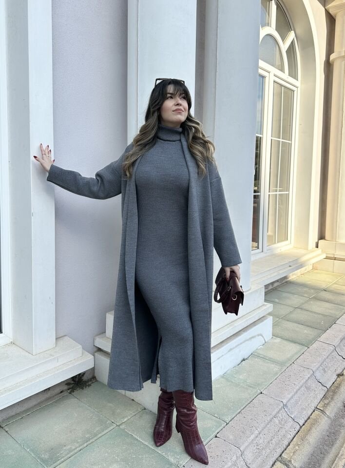 Antrasit Elbise-Hırka Triko Takım