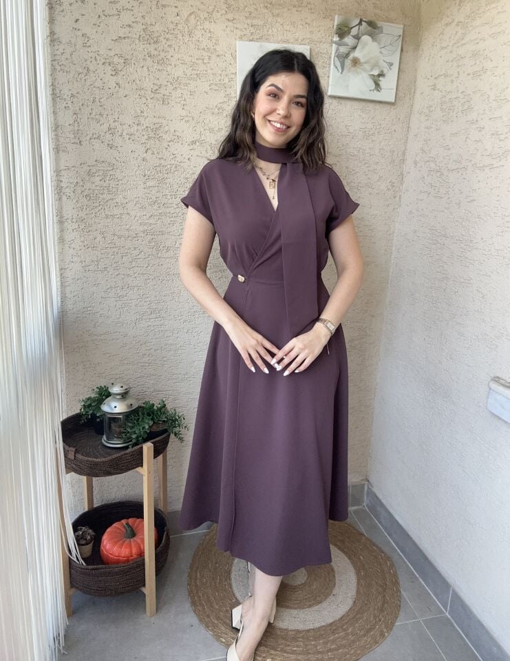 Mürdüm Şal Detaylı Anvelop Elbise