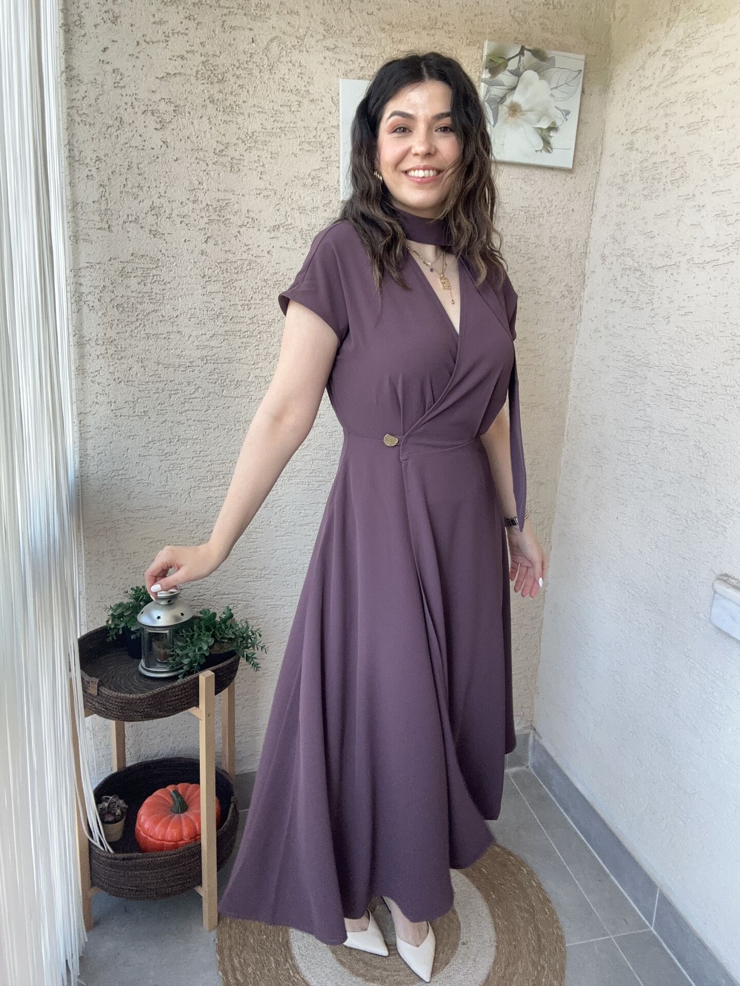 Mürdüm Şal Detaylı Anvelop Elbise