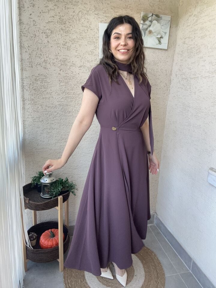 Mürdüm Şal Detaylı Anvelop Elbise