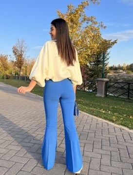 Saks mavisi İspanyol paça pantolon