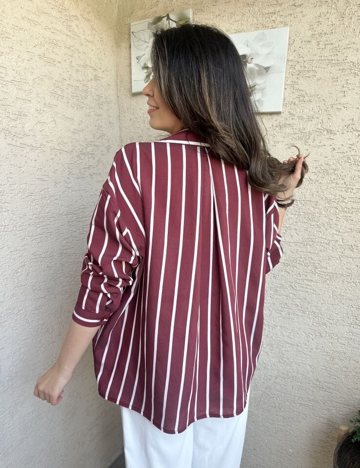 Bordo Çizgili Tensel Oversize Gömlek
