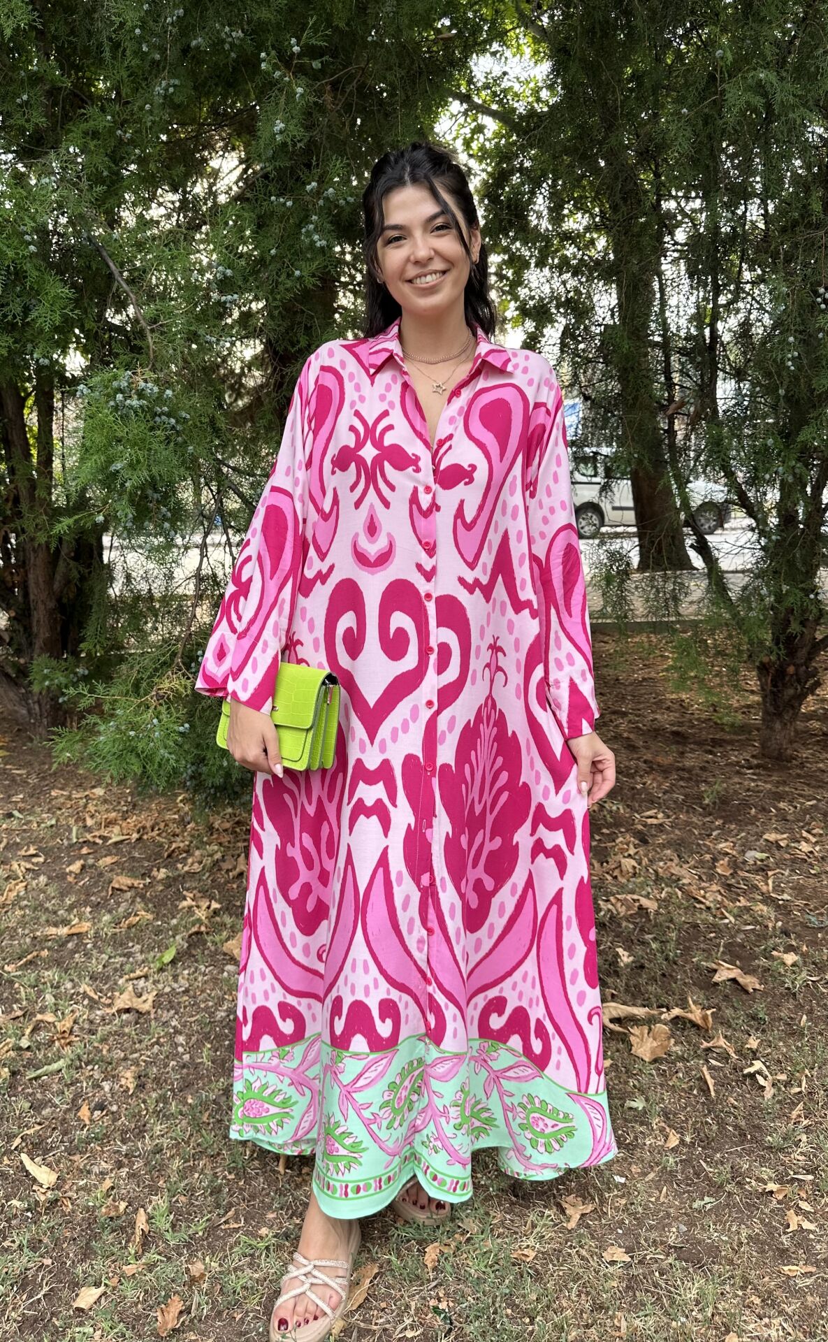 Yaprak Desen Uzun Gömlek Elbise Pembe